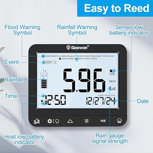 Geevon Digital Rain Gauge Outdoor, Self-Emptying Rain Collector with Alerts, Low Battery Warning Icon, Rainfall History and Current Date and Time, Suitable for Gardens, Farmland and Other Scenes