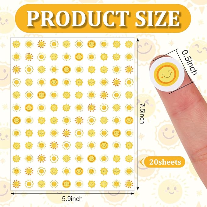 JarThenaAMCS 2400Pcs Mini Sun Sticker Cute Smile Face Paper Decals 9 Designs Yellow Self-Adhesive Stickers for Summer Envelopes Scrapbook Gifts DIY Supplies, 0.5 in
