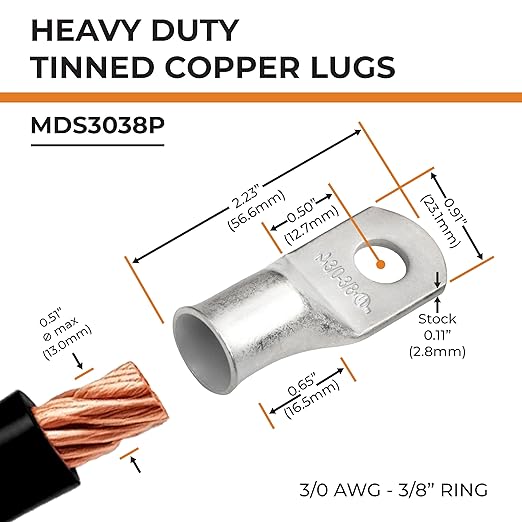 SELTERM 10pcs 3/0 AWG-3/8" Stud Tinned Copper Wire Lugs, Heavy Duty Battery Cable Ends,000 Gauge Ring Terminals, UL Battery Lugs Marine Grade Copper Eyelets Electrical Battery Terminal Connectors