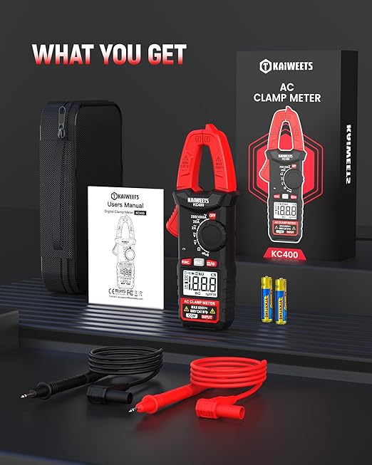 KAIWEETS Digital Clamp Meter, Portable Size, 2000 Counts, Measures High AC Current 400A, 600V AC/DC Voltage, Resistance, Continuity, Diode, Auto Ranging Multimter, Voltage Tester, KC400