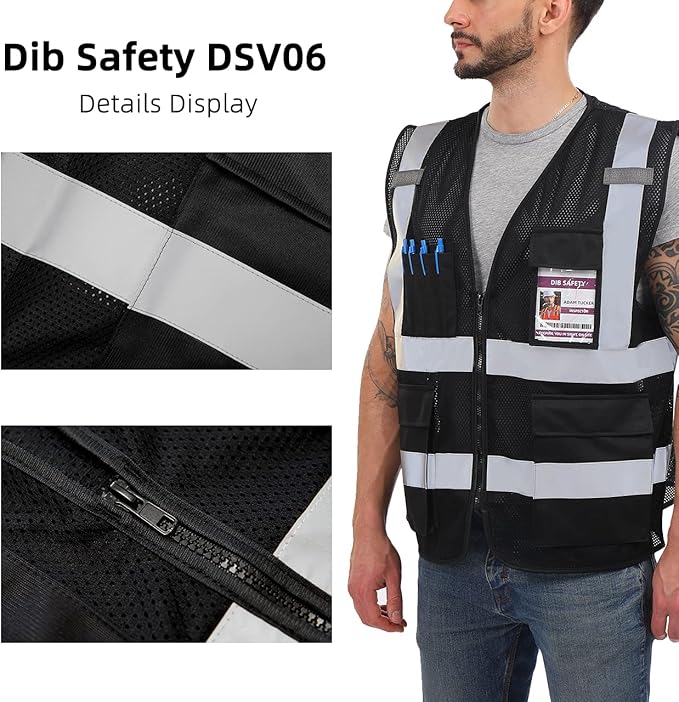 Dib Safety Reflective Vest ANSI Class 2, High Visibility Vest with Pockets and Zipper, Construction Work, Hi Vis