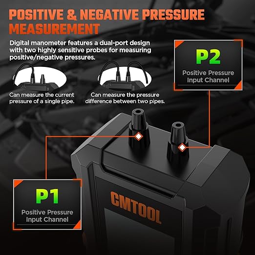 Manometer Gas Pressure Tester, Digital Manometer, -100-200Kpa, 6 Units Differential Pressure Gauge, Max/Min/Data Storage, 2-Port Tester for HVAC/Automotive Brake/Industrial/Lab Calibration (Mini)
