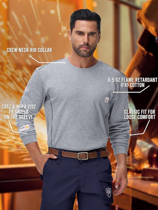 FR Shirts for Men CAT2/HRC2 6.5oz Lightweight Fire Resistant Shirts for Men Long Sleeve Crewneck T-Shirt
