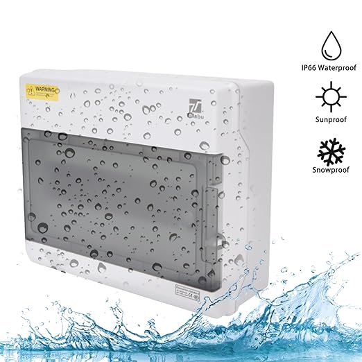 Waterproof 12 Way Breaker Box IP66 PC/ABS Alloy Plastic Power Distribution Box Enclosure with Clear Cover, Bus Bars and DIN Rail