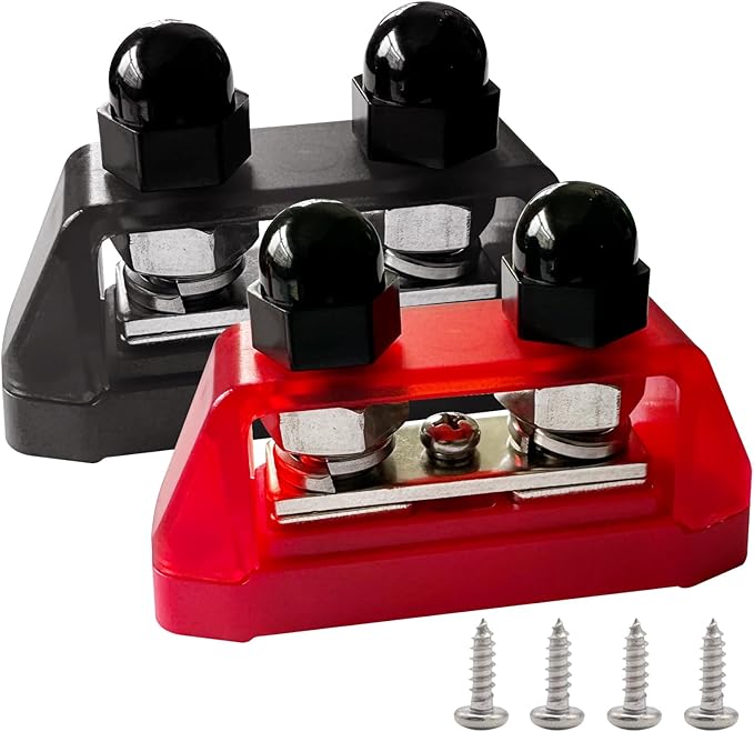Ampper 3/8" Power Distribution Block Bus Bar 12V 250A, Dual Studs M10 Busbar Battery Junction Post Distribution Block with 1 x M4 Screw Terminal (Red and Black)