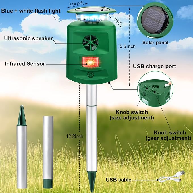 Ultrasonic Animal Repellent Outdoor,2026 Cat Repellent Devices Deer Repellent Solar Animal Repeller with Motion Sensor & Flashing Light to Scare Deer Squirrel Rabbit Raccoon Cat Skunk for Yard Lawn