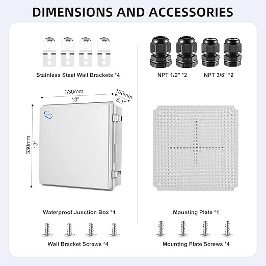 Waterproof Outdoor IP67 Junction Box (13"x13"x5.1") with Mounting Plate, Hinged Grey Cover and Wall Brackets - Weatherproof ABS Plastic Electrical Enclosure for DIY Projects (330x330x130mm)