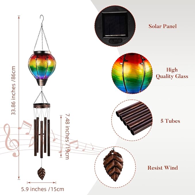 Wind Chimes for Outside Solar Wind Chimes Outdoor Hot Air Balloon Wind Chime with 5 Thicken Tubes & Hook Solars Lanterns Windchime Solar Lights Metal Windchimes for Mother Garden Yard Decor