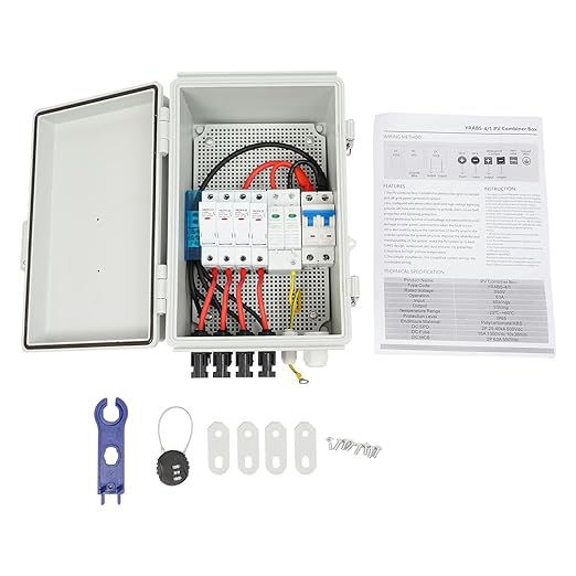 4 String Solar Combiner Box PV Combiner Box with 10A Rated Current Fuse, Surge Protective Device and 63A Air Circuit Breaker for On/Off Grid Solar Panel System (4 String)