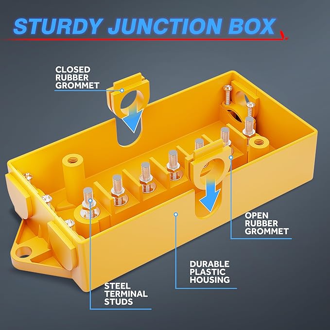 MICTUNING 7 Way Electrical Trailer Junction Box - 7 Gang Trailer Wire Connection Box Weatherproof for Rewiring Camper RV Caravans Boat Light, Yellow Cover