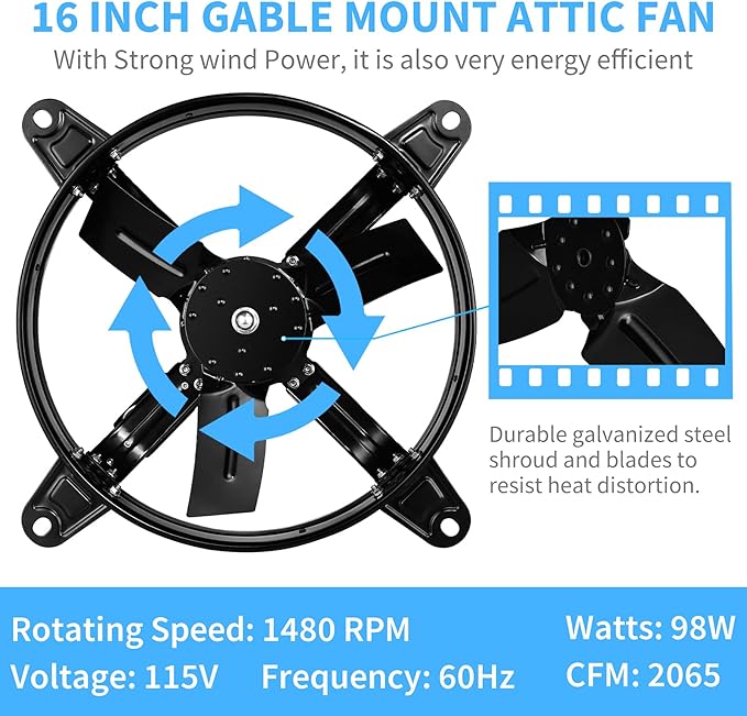 Simple Deluxe 16 Inch Mount Fan Attic Gable Ventilator with Adjustable Temperature Thermostat, 2065 CFM, Black,2-Pack (16 Inch Gable Mount Fan)