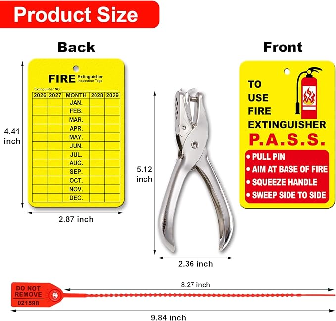 30 Sets Fire Extinguisher Tags Monthly Inspection Tear-Resistant Numbered Plastic Tamper-Evident Cable Ties Easy to Punch Includes Handheld Hole Puncher- Red