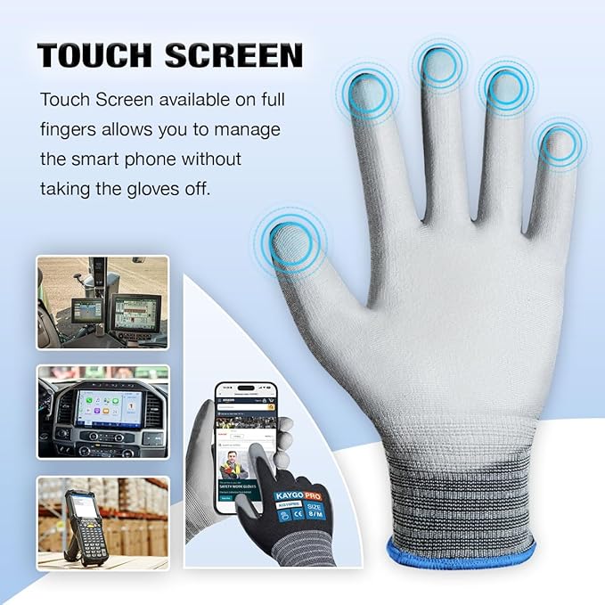 KAYGO Work Gloves PU Coated-12 Pairs KG15P, Nylon Lite Polyurethane Safety Work Gloves with full fingers Touchscreen, Knit Wrist Cuff,Ideal for Light Duty Work (medium, Black)