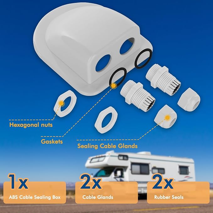 2 Pack of IP68 Waterproof Solar Cable Entry Gland by Restmo, Weather Resistant Dual Cable Entry Housing for Solar Panels of RV, Caravan, Marine, Boat, Cabin, White