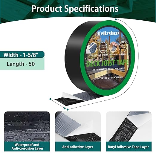 Joist Tape, 1-5/8" x 50' Deck Joist Tape, Waterproof Butyl Tape, Self-Adhesive Deck Butyl Tape, Butyl Flashing Tape,Joist Tape Decking for Protect Beams and Wood Decks (8 Rolls)