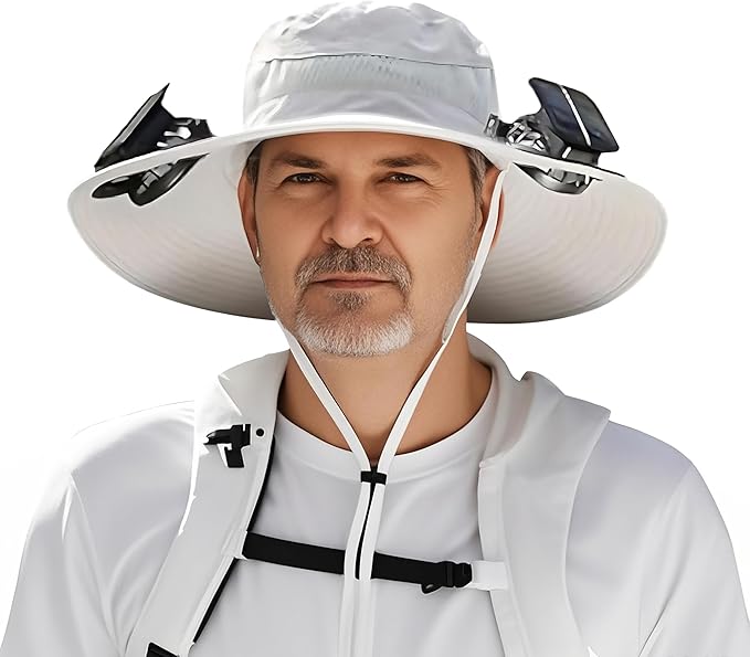 Wide Brim Solar Fan Hat, Outdoor Sun Hat with 2 Solar Power Fan for Men Women UPF 50+ Breathable Bucket Fishing Hat