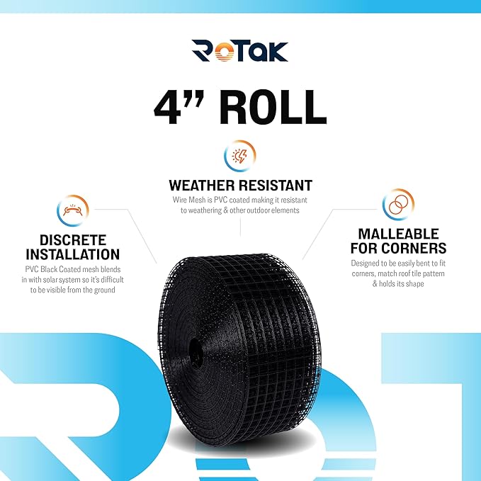 ROTAK Critter Guard - 4in x 100ft Solar Panel Bird Guard - Galvanized Black PVC Coated ½ inch Wire Roll Mesh (4" x 100')