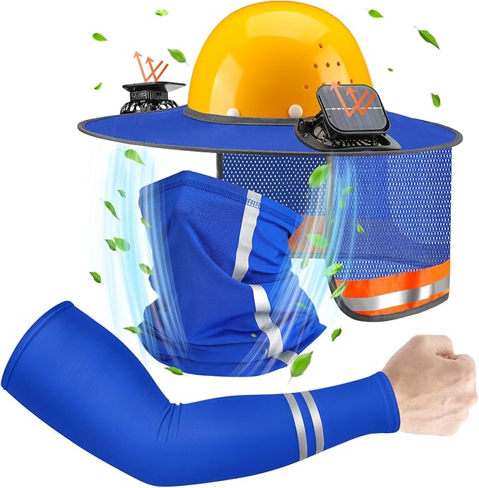 1 Set Sun Hard Hat Shade Full Brim Hard Hat Sun Visor with Solar Fans and Neck Sunshade Cover UV Reflective Strap Arm Sleeves Summer Protection Accessories