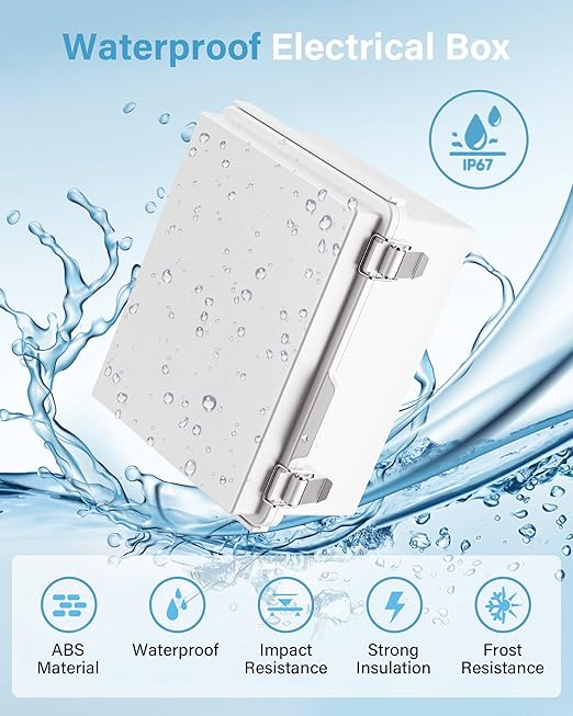 GEVEELIFE Waterproof Junction Box ABS Plastic, Outdoor Electrical Box IP67 Hinged Cover Project Box with Mounting Plate Wall Brackets and 2 Cable Glands, Grey Electrical Enclosure 8.7"x6.7"x4.3"
