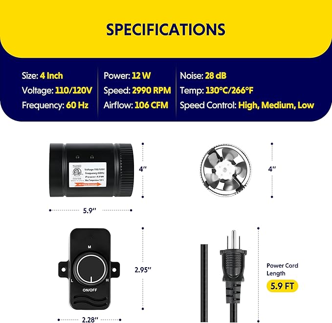 iPower 4 Inch Inline Booster Speed, 106 CFM Ventilation Exhaust HVAC Duct Blower for Bathroom, Kitchen, Basement, Attic and Grow Tent, 4" Fan with Controller, Black