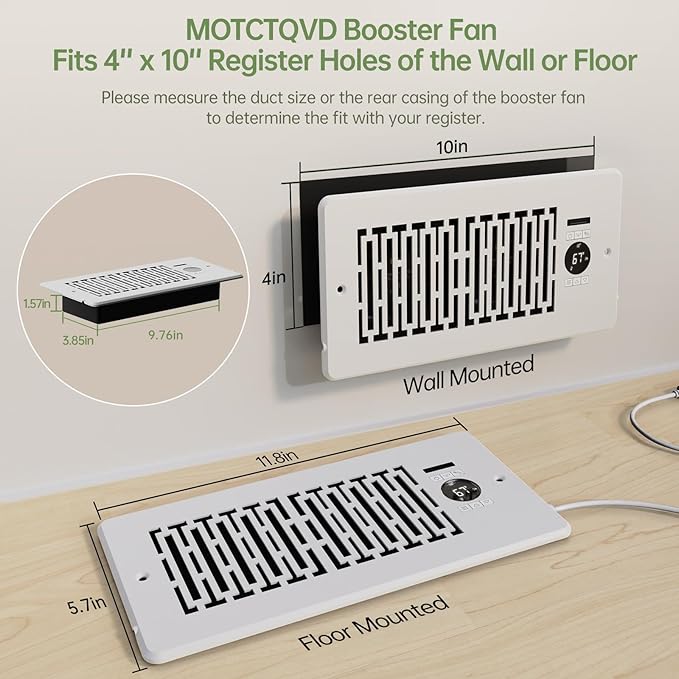 Register Booster Fan Fits 4” x 10” Register Holes, Smart Control Heating Cooling AC Vent Fan, 10-Speed Quiet Register Vent Booster Fans with Thermostat Control & Remote Control