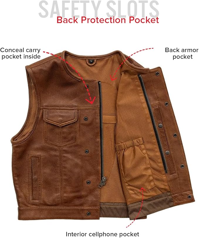 First Mfg Co - Lowside - Mens Motorcycle Biker Riding Canvas, Leather, Twill, Perforated Leather Vest