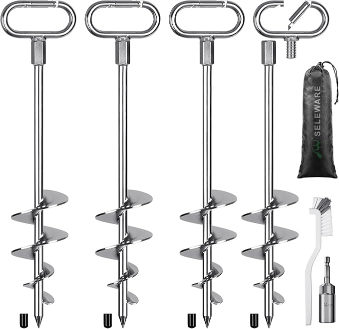 SELEWARE 4 Pack Trampoline Stakes Heavy Duty Ground Anchors High Wind Trampoline Stakes Anchors Spiral Earth Anchors for Secure Animals Trampolines Tents Shed Swing Set Mobile Homes Carport