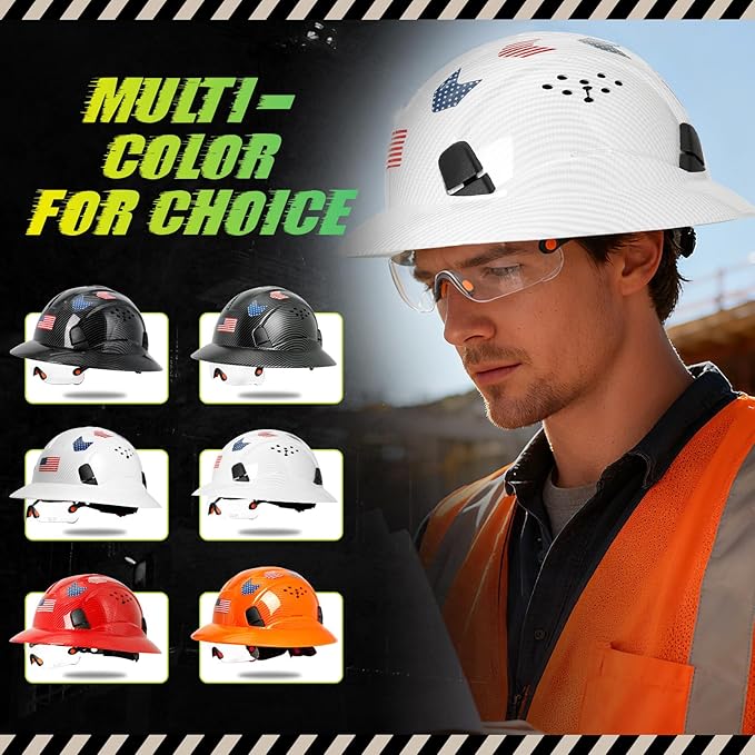 Carbon Fiber Pattern Full Brim Hard Hat with Visor-OSHA Approved Construction Safety Helmet for Men Women,ANSI Z89.1 Vented Reflective Hardhat with Hard Hat Chin Strap,6-Point Suspension