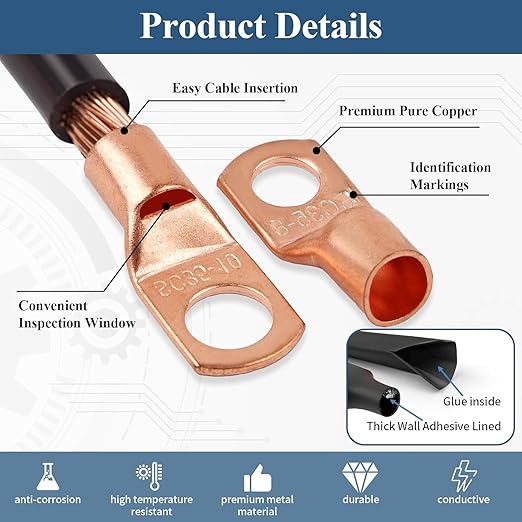 Copper Wire Lugs 260Pcs, AWG 2 4 6 8 10 12 Gauge Battery Cable Ends with 120Pcs Heat Shrink Tubing Set, 140Pcs Ring Terminals Connectors Assortment Kit for Marine, Automotive, Cables, Appliances