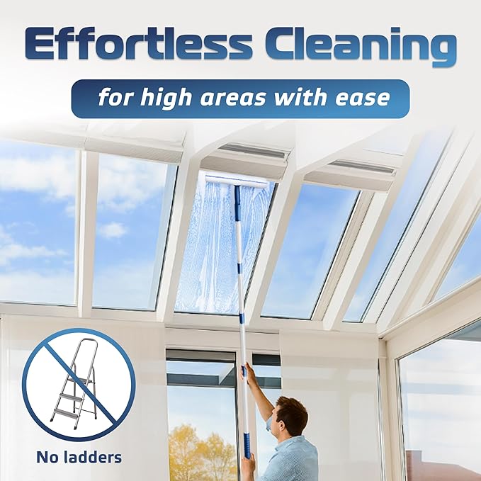 DSV Standard Window Cleaning Kit 62’’, Window Washing Kit with Extension Pole with Silicone Scraper and 2X Microfiber Scrubber Sleeves, Window Cleaner Tool for Home, Shower, Glass, Mirror, Car