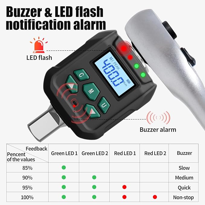 1/2" Digital Torque Adapter Set with Socket Adapters (1/4", 3/8") - ±2% Accuracy, 15-295 ft-lb, Buzzer & LED Alert, Working with Ratchet Wrench, Breaker Bar - For Automotive, Motorcycle & Car