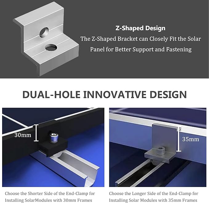 10pcs Solar Panel End Clamp for Standar, Aluminum 30mm/35mm Solar Panel Brackets, Solar Panel Mounting Kit for Metal Roof, Tin Roof, Flat Roof, Sheet Roof, Silver