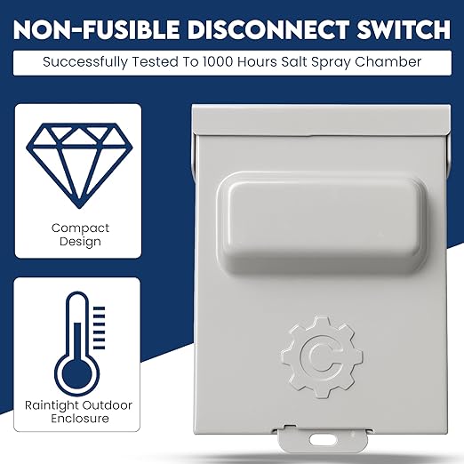 60 Amp or 30 amp Pullout Non-FUSIBLE Disconnect Switch, ControlGear Brand 240V NEMA 3R Outdoor Metallic Enclosure for HVAC Systems, UL Certified, Single Phase Two Wire