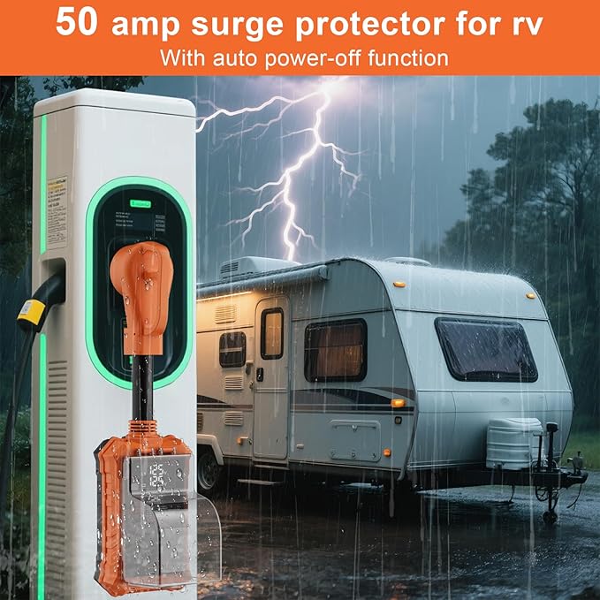 Rv Surge Protectors 50 Amp,16000 Joules Rv Circuit Analyzer with Waterproof Cover Safety Certification Led Display,Rv Voltage Protector for Camper, Travel Trailers (Orange, 50A)
