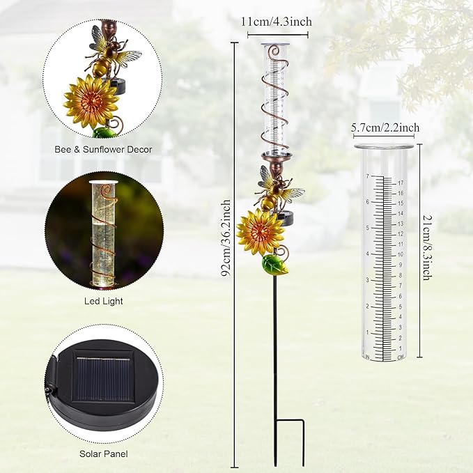 Rain Gauge Outdoor, Solar Rain Gauges for Yard, Freeze Proof Rain Gauge with 7" Plastic Tube, Bee Metal Decorative Garden Stake with Led Light, Yellow
