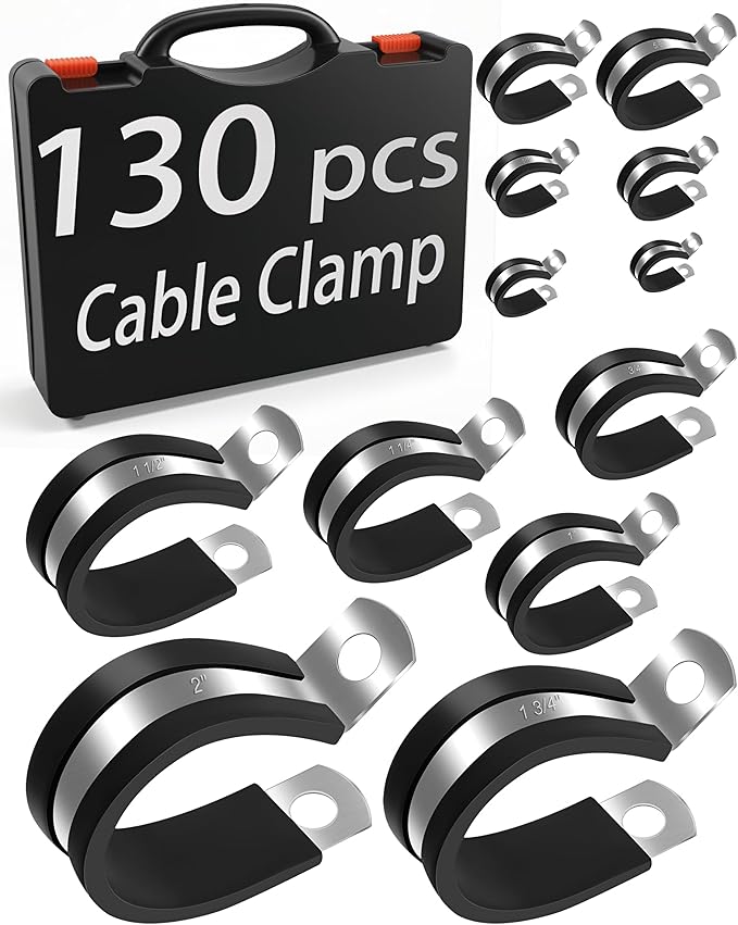 130PCS Cable Clamp Assortment Kit, 12 Sizes 304 Stainless Steel Wire Clips with Rubber Cushion, Pipe & Hose Clamps for Wiring, Plumbing, Fuel Injection Line, Automotive & Mechanical Use