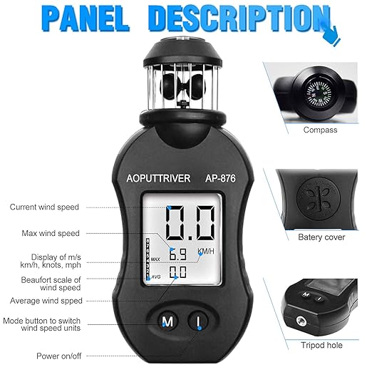Anemometer Handheld Wind Direction Anemometer, AP-876 Wind Cup Anemometer Air Speed Meter Digital Anemometer for Measuring Air Speed Air Volume for HVAC Vents Boat Sailing Shooting