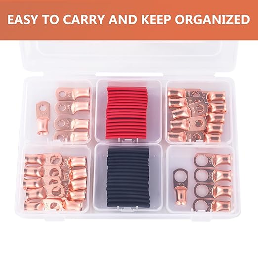 2 AWG Pure Copper Ring Terminal Kit (62 Pcs) - 30 Battery Lugs (1/4", 5/16", 3/8", 1/2") with 32 Heat Shrink Tubes for 2 Gauge Wire in Automotive, Solar, Inverter, Marine, RV Applications