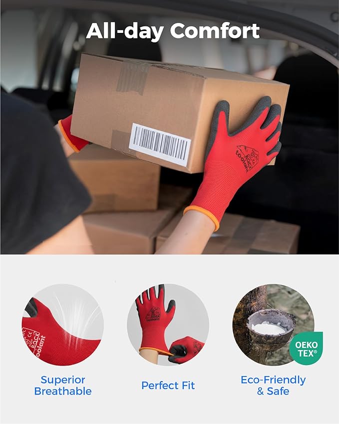 toolant Crinkle Latex Work Gloves Bulk, Rubber Coated Safety Work Gloves for Men and Women, 12 Pairs for Construction, Gardening, Warehouse (Black & Red, Small)