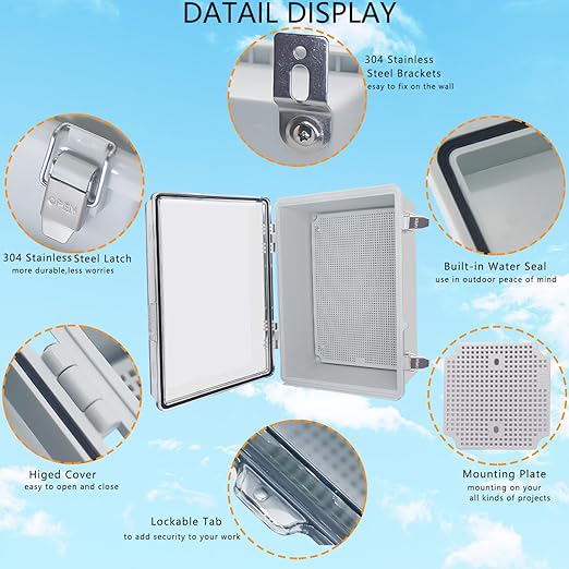 Outdoor Waterproof Box,IP67 ABS Junction Box Electrical Enclosure with Stainless Steel Latch, Hinged Cover Electric Box with Wall Brackets 13.8" Dx9.8 Wx5.9 H