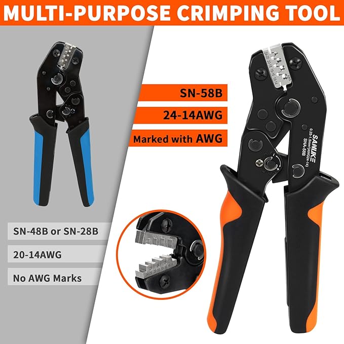 Sanuke Wire Crimping Tool, Ratcheting Wire Crimper for Open Barrel Terminal Connectors, Electrical Crimping Tool for DuPont AMP Deutsch DELPHI JST TYCO Connectors, 24-14 AWG