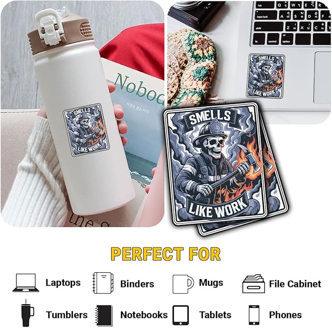 3Pcs Smells Like Work Sticker Funny Firefighter Skull Flames Gift for Firehouse Fire Station Smells Like Work Firefighters Stickers Fireman Car Decal for Laptop Bottle Notebook Toolbox Hard Hat 3"