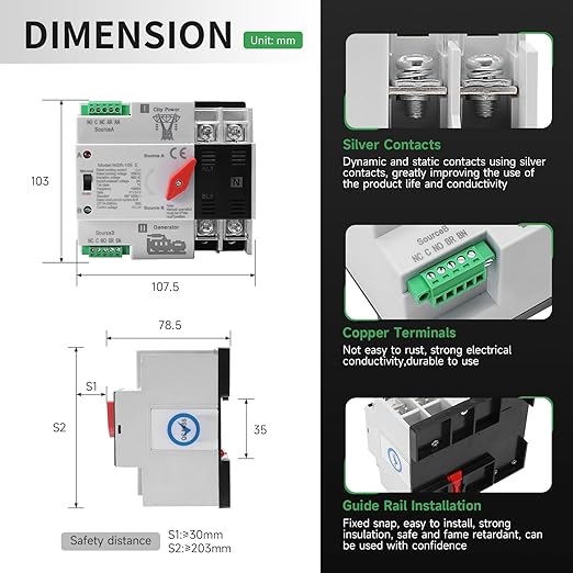 Mini ATS Automatic/Manual Transfer Switch 2P 125A AC220V, 2POLE 125amps ATS Dual Power Transfer Switch for Home Generator, Din Rail Mounted 220V Manual Transfer Switches Fast Transfer