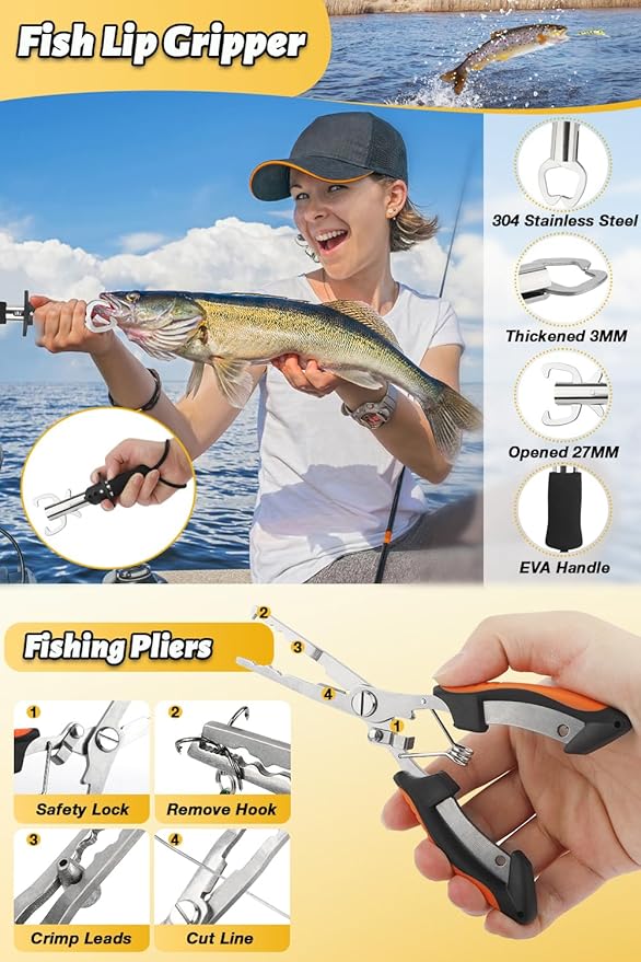 Fishing Pole Combo Set, 6.89ft Fishing Rod and Reel Combo, Carbon Fiber Telescopic Fishing Rod Kit with Spinning Reel, Fishing Pliers, Lip Gripper, Line, Lures for Beginner Angler