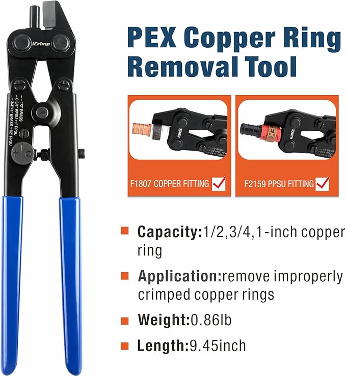iCrimp F1807 Copper Ring Crimping Tool Kit for 3/8,1/2,3/4,1-inch- Free Removal Tool& Pex Pipe Cutter&Gauge- For All US F1807 Standards