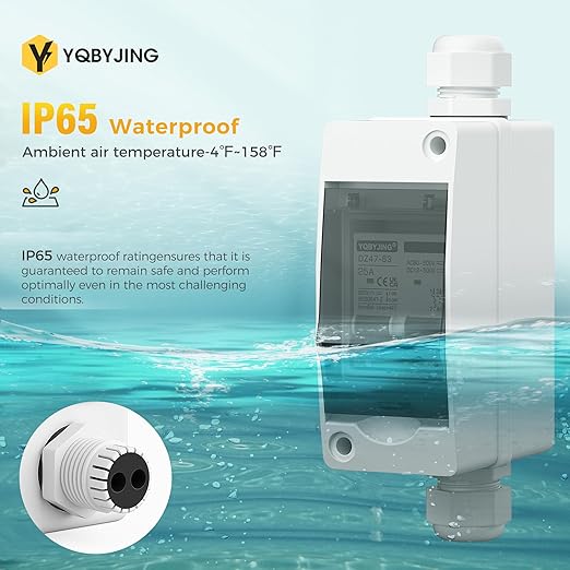 DC Solar Panel Disconnect Switch 25 Amp AC Miniature Circuit Breaker Box 500V 2 Poles with IP65 Waterproof UV-Proof Box for Outdoor Solar PV Homes Battery