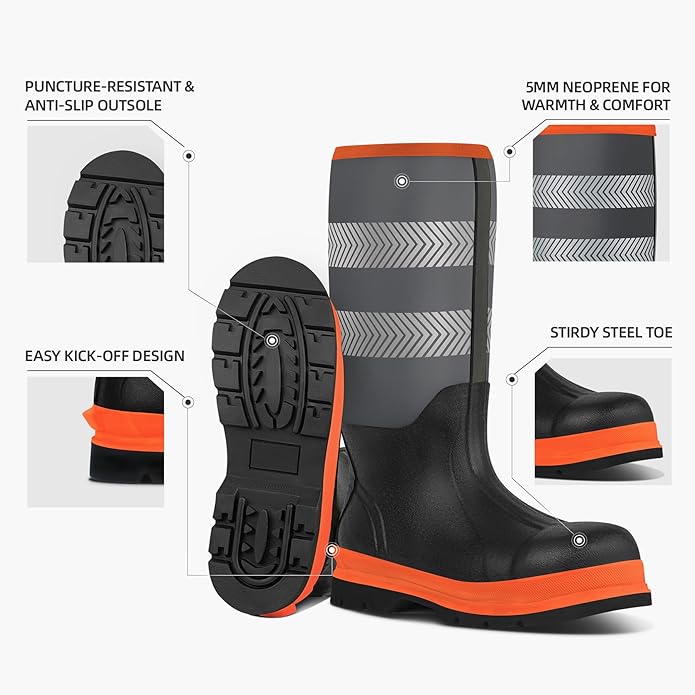 Men's Steel Toe Rubber Work Boots, Waterproof Neoprene Safety Boots with Puncture Proof Midsole - Oil & Chemical Resistant, Reflective High-Vis for Construction, Concrete, Roadwork