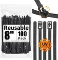 SOOOEC 100 Pack Reusable Zip Ties 8 Inch Heavy Duty Outdoor UV Resistant, Releasable Black Zip Ties Heavy Duty Indoor Round Ending No Hurt, Cable Ties Reusable Tie Wraps Non Slip Off