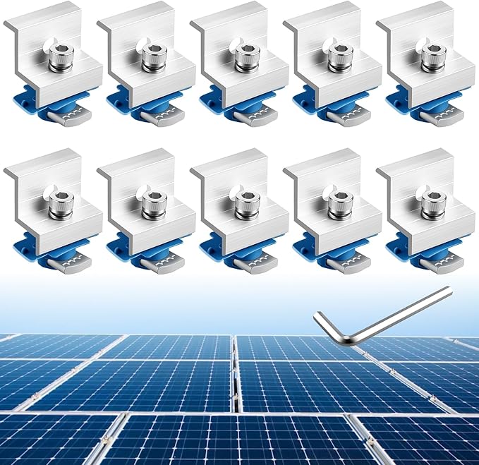 Anbte 10pcs Solar Panel End Clamp for Standard Unistrut, Aluminum 30mm/35mm Solar Panel Brackets with Nuts Bolts, Solar Panel Mounting Kit for Metal Roof, Tin Roof, Flat Roof, Sheet Roof, Silver