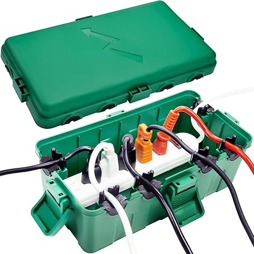 Hrensaw Medium Outdoor Electrical Box(10.6x5.5x4.5inch),IP54 Waterproof Extension Cord Cover w/6 Cable Entry,Weatherproof Connection Box Protect Power Strip,Timer,Plug,Holiday Lights,Green